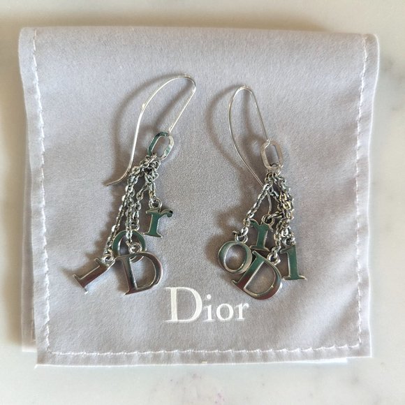 NWT Dior Silver Charm Earrings Vintage Wire Drop Rare - Picture 1 of 5